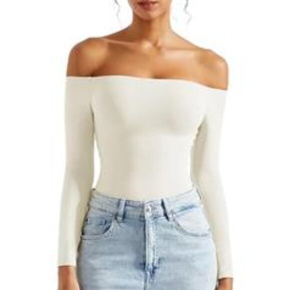 Women Off the Shoulder Long Sleeve White Bodysuit Double Lined Thong Bodysuit - Picture 6 of 9